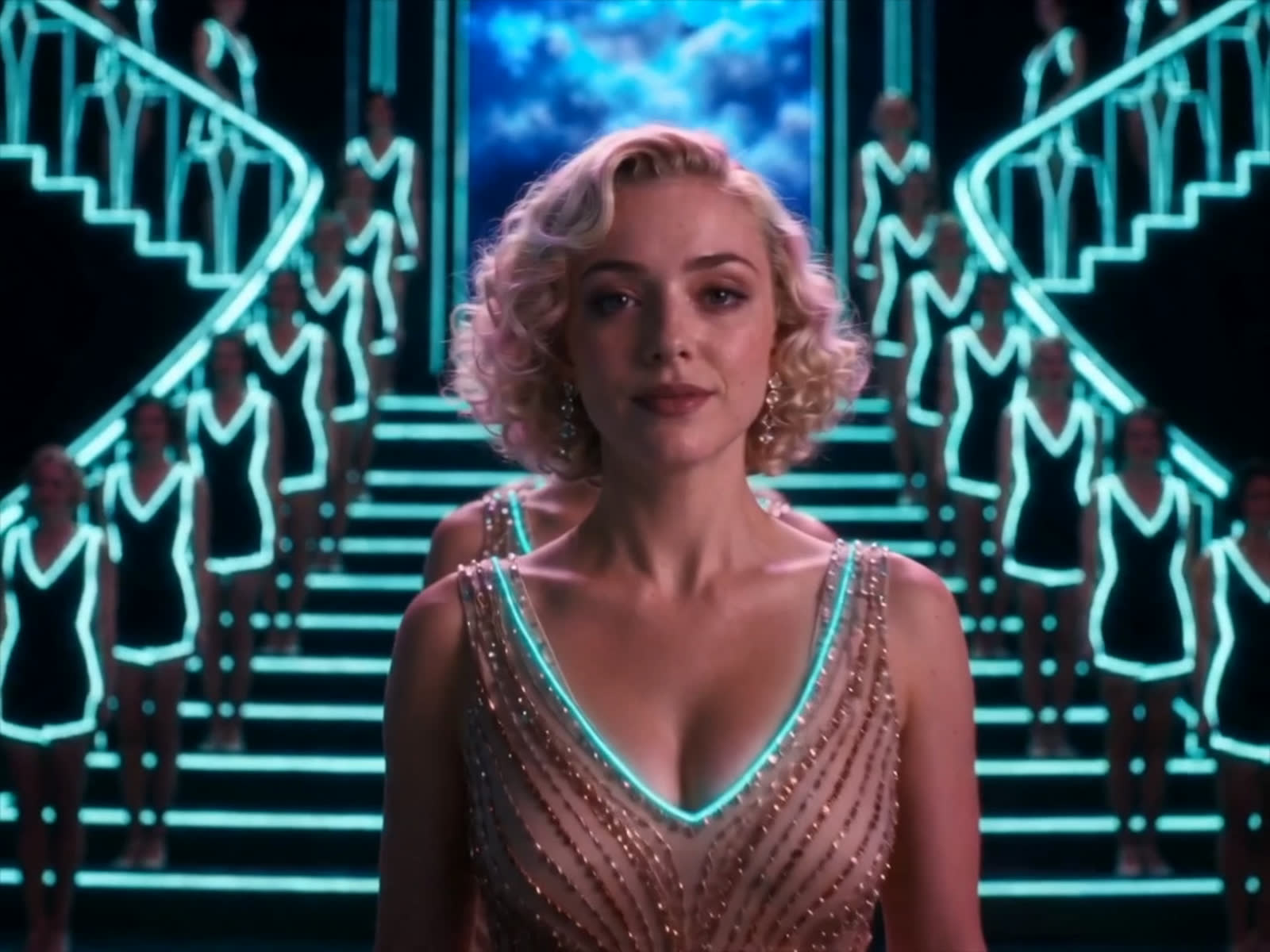 A performer in a gown stands before a neon Art Deco staircase