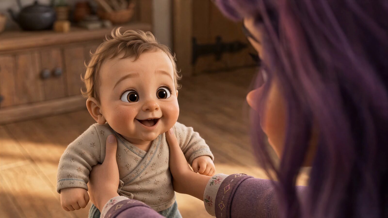 Mary Sue eyes a beaming baby held up to her at the trading post
