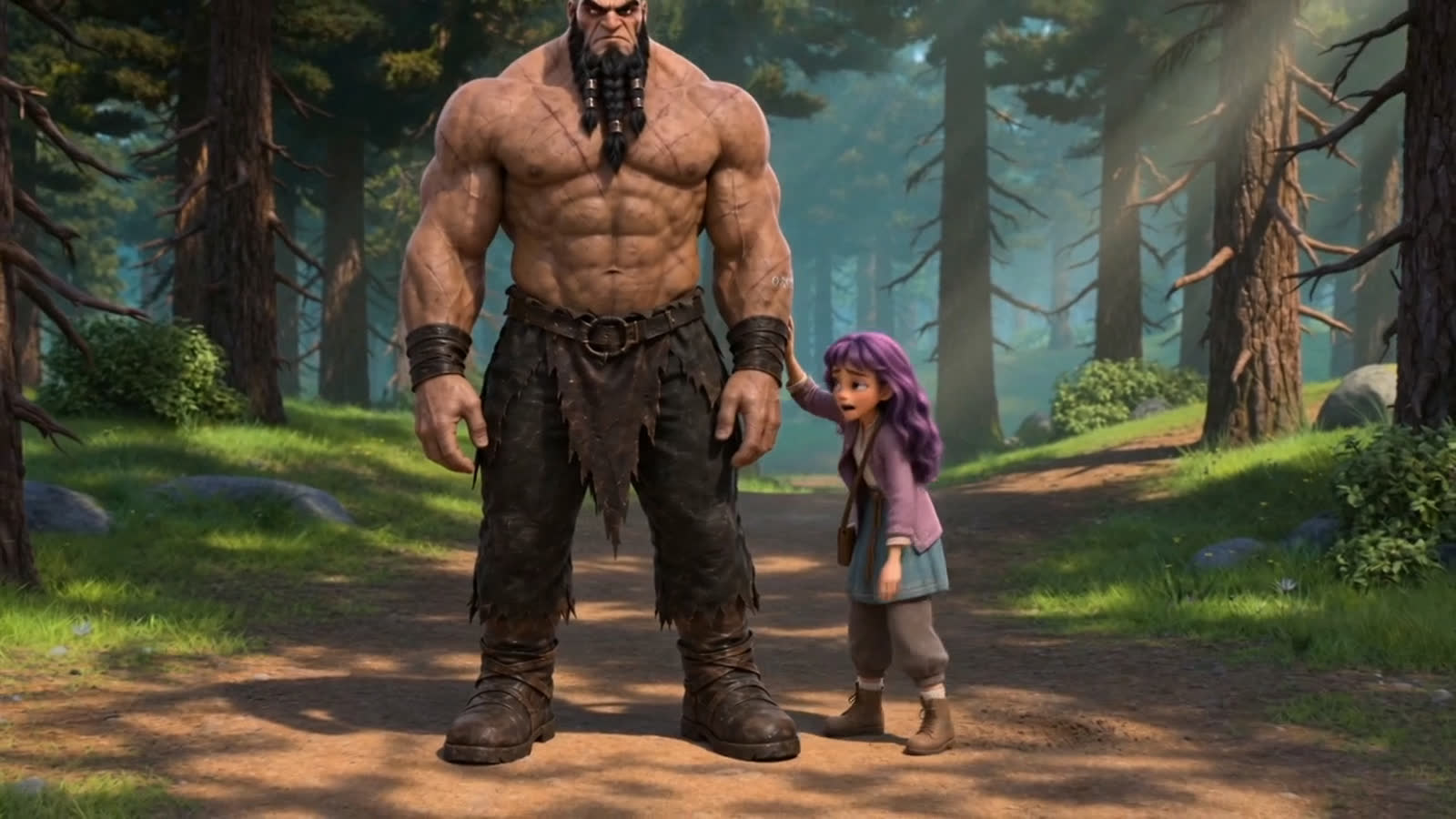 Mary Sue faces a towering brute in a sunlit forest