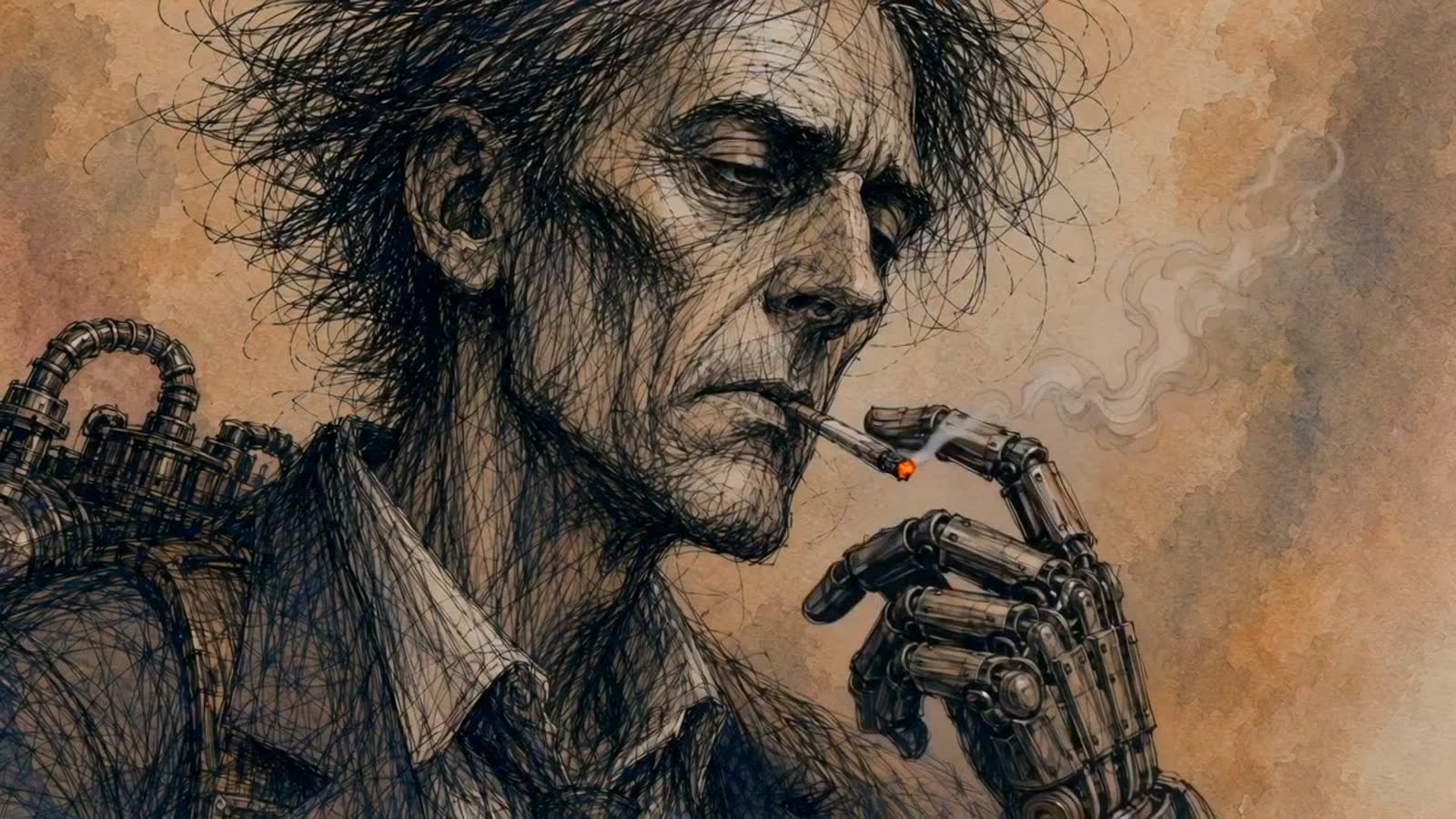 The man lights a cigarette with his mechanical hand