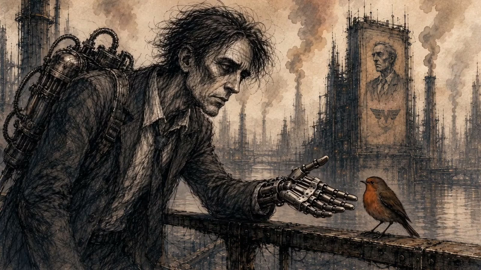 A weary man offers his mechanical hand to a small robin