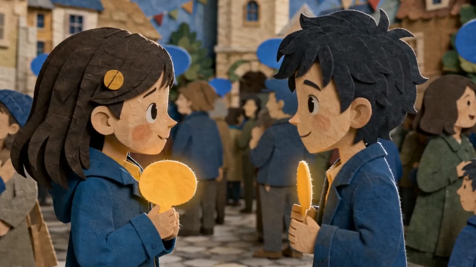Two papercraft children discover they both speak in gold
