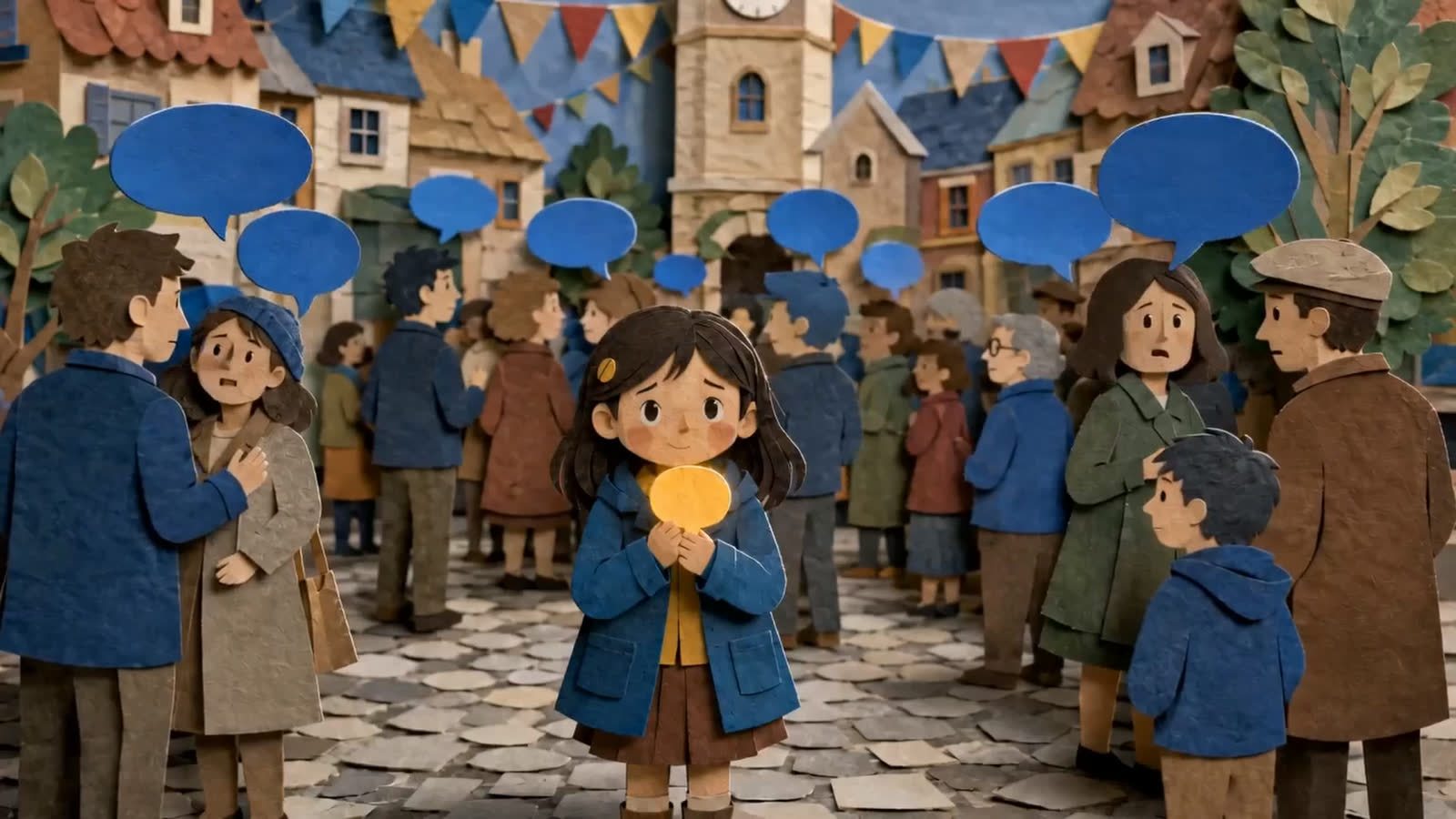 A papercraft girl holds a golden speech bubble in a crowd speaking blue